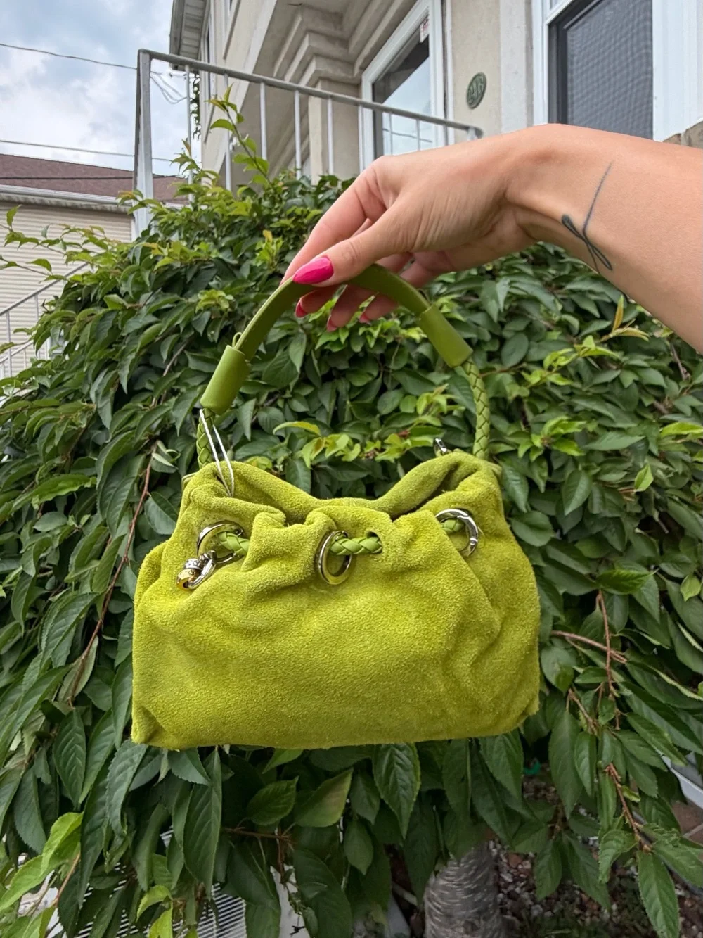 Lime Green Suede Bucket Bag Drawstring Crossbody Dumpling Cloud Pouch NWT